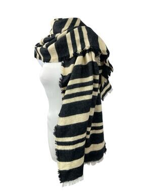 Merona Women's Black Cream Striped Fringe Warmer Winter Wrap Neck Scarf OS